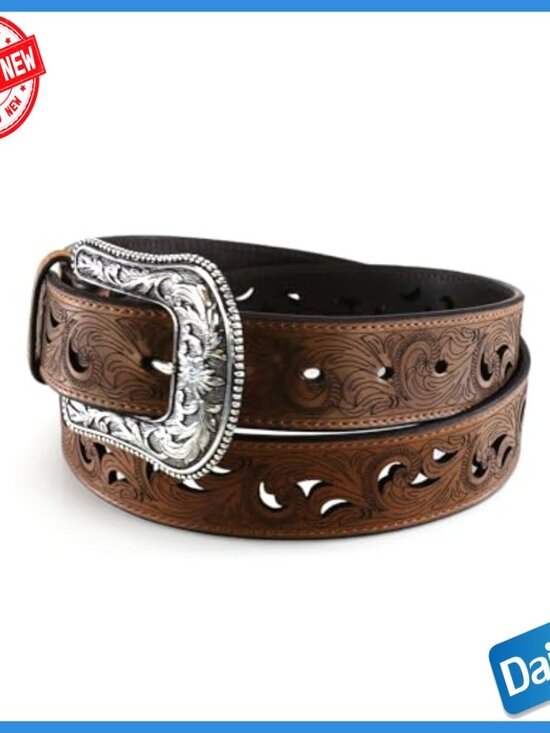 Genuine Leather Belt with Triple Snap Buckle, Floral Scroll Cutout Design main image 4